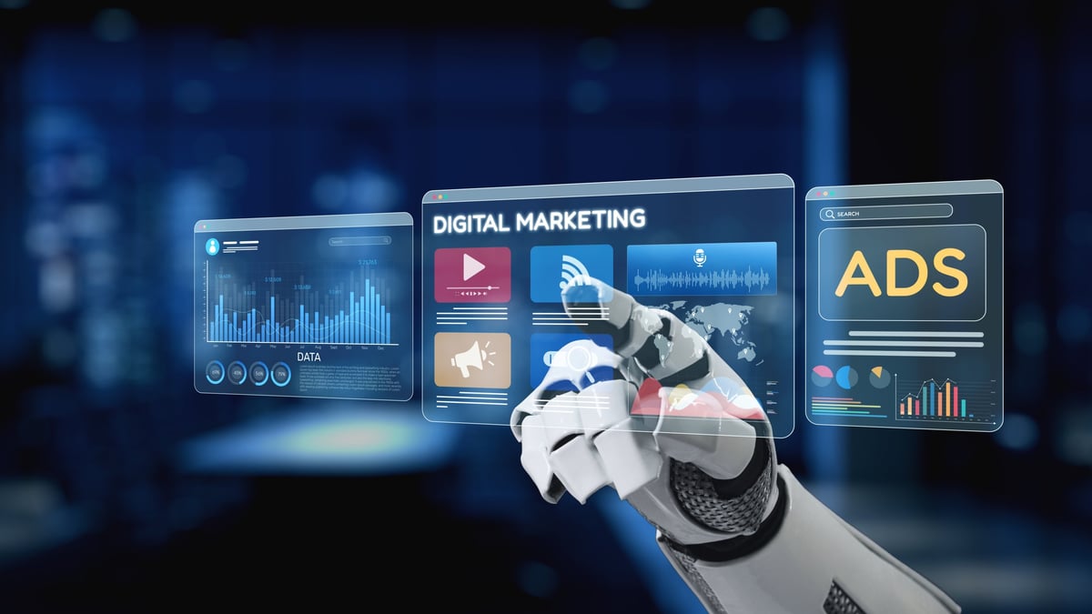 Robotic hand interacting with digital marketing interfaces and analytics